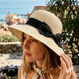 Load image into Gallery viewer, French Elegant Hats | Elegant Beige Wide Brim Straw Sun Hat with Black Satin Bow