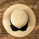 Load image into Gallery viewer, French Elegant Hats | Elegant Beige Wide Brim Straw Sun Hat with Black Satin Bow