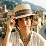 Load image into Gallery viewer, French Elegant Hats | Boho Ethnic Woven Band Flat Top Wide Brim Straw Sun Hat
