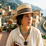 Load image into Gallery viewer, French Elegant Hats | Boho Ethnic Woven Band Flat Top Wide Brim Straw Sun Hat