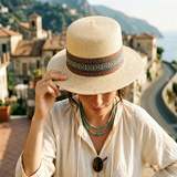 Load image into Gallery viewer, French Elegant Hats | Boho Ethnic Woven Band Flat Top Wide Brim Straw Sun Hat
