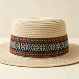 Load image into Gallery viewer, French Elegant Hats | Boho Ethnic Woven Band Flat Top Wide Brim Straw Sun Hat