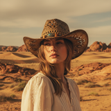 Load image into Gallery viewer, French Elegant Hats | Breathable Brown Hollow Woven Western Cowboy Wide Brim Hat With Turquoise Stone Wood Bead Band