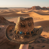Load image into Gallery viewer, French Elegant Hats | Breathable Brown Hollow Woven Western Cowboy Wide Brim Hat With Turquoise Stone Wood Bead Band