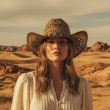Load image into Gallery viewer, French Elegant Hats | Breathable Brown Hollow Woven Western Cowboy Wide Brim Hat With Turquoise Stone Wood Bead Band