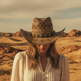 Load image into Gallery viewer, French Elegant Hats | Breathable Brown Hollow Woven Western Cowboy Wide Brim Hat With Turquoise Stone Wood Bead Band