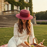 Load image into Gallery viewer, French Elegant Hats | Luxury Burgundy Red Ruched Satin Band Flat Top Wide Brim Straw Sun Hat