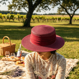 Load image into Gallery viewer, French Elegant Hats | Luxury Burgundy Red Ruched Satin Band Flat Top Wide Brim Straw Sun Hat
