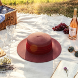 Load image into Gallery viewer, French Elegant Hats | Luxury Burgundy Red Ruched Satin Band Flat Top Wide Brim Straw Sun Hat