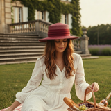 Load image into Gallery viewer, French Elegant Hats | Luxury Burgundy Red Ruched Satin Band Flat Top Wide Brim Straw Sun Hat