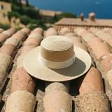 Load image into Gallery viewer, French Elegant Hats | Classic White Satin Band Flat Top Wide Brim Straw Sun Hat