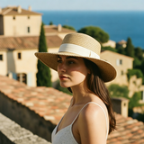 Load image into Gallery viewer, French Elegant Hats | Classic White Satin Band Flat Top Wide Brim Straw Sun Hat