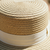 Load image into Gallery viewer, French Elegant Hats | Classic White Satin Band Flat Top Wide Brim Straw Sun Hat