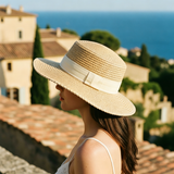 Load image into Gallery viewer, French Elegant Hats | Classic White Satin Band Flat Top Wide Brim Straw Sun Hat