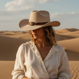 Load image into Gallery viewer, French Elegant Hats | Elegant Cream White Western Cowboy Wide Brim Hat With Vintage Metal Star Braided Leather Band