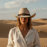 Load image into Gallery viewer, French Elegant Hats | Elegant Cream White Western Cowboy Wide Brim Hat With Vintage Metal Star Braided Leather Band