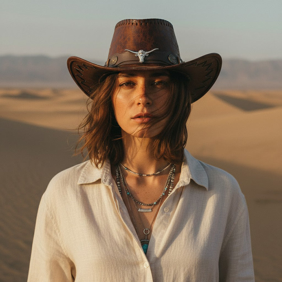 French Elegant Hats | Elegant Cream White Western Cowboy Wide Brim Hat With Vintage Metal Star Braided Leather Band