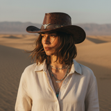 Load image into Gallery viewer, French Elegant Hats | Elegant Cream White Western Cowboy Wide Brim Hat With Vintage Metal Star Braided Leather Band
