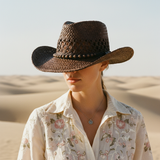 Load image into Gallery viewer, French Elegant Hats | Breathable Dark Brown Hollow Woven Western Cowboy Wide Brim Hat With Wooden Bead Band