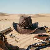 Load image into Gallery viewer, French Elegant Hats | Breathable Dark Brown Hollow Woven Western Cowboy Wide Brim Hat With Wooden Bead Band