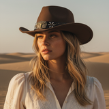 Load image into Gallery viewer, French Elegant Hats | Retro Dark Brown Western Cowboy Wide Brim Hat With Longhorn Skull Flower Decor Leather Band