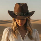 Load image into Gallery viewer, French Elegant Hats | Retro Dark Brown Western Cowboy Wide Brim Hat With Longhorn Skull Flower Decor Leather Band
