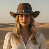 Load image into Gallery viewer, French Elegant Hats | Retro Dark Brown Western Cowboy Wide Brim Hat With Longhorn Skull Flower Decor Leather Band