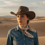 Load image into Gallery viewer, French Elegant Hats | Retro Dark Brown Western Cowboy Wide Brim Hat With Sheriff Six-Pointed Star Badge