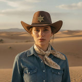 Load image into Gallery viewer, French Elegant Hats | Retro Dark Brown Western Cowboy Wide Brim Hat With Sheriff Six-Pointed Star Badge
