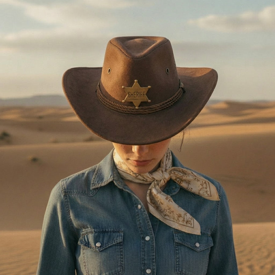 French Elegant Hats | Retro Dark Brown Western Cowboy Wide Brim Hat With Sheriff Six-Pointed Star Badge