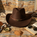 Load image into Gallery viewer, French Elegant Hats | Premium Dark Brown Western Cowboy Wide Brim Hat With Vintage Metal Star Leather Band