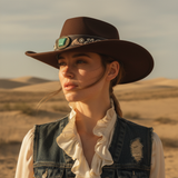 Load image into Gallery viewer, French Elegant Hats | Elegant Dark Brown Western Cowboy Wide Brim Hat With Turquoise Stone Flower Carving Letter Embroidery Leather Band