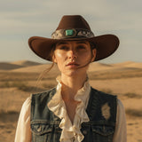 Load image into Gallery viewer, French Elegant Hats | Elegant Dark Brown Western Cowboy Wide Brim Hat With Turquoise Stone Flower Carving Letter Embroidery Leather Band