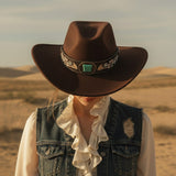 Load image into Gallery viewer, French Elegant Hats | Elegant Dark Brown Western Cowboy Wide Brim Hat With Turquoise Stone Flower Carving Letter Embroidery Leather Band