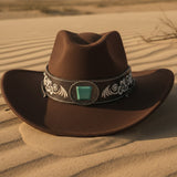 Load image into Gallery viewer, French Elegant Hats | Elegant Dark Brown Western Cowboy Wide Brim Hat With Turquoise Stone Flower Carving Letter Embroidery Leather Band