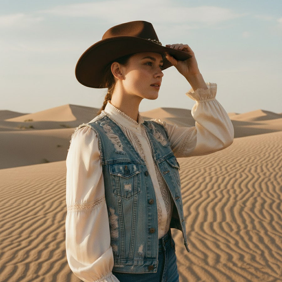 French Elegant Hats | Retro Dark Brown Western Cowboy Wide Brim Hat With Delicate Woven Fringe Lace Band