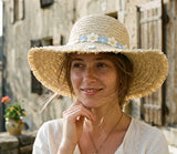 Load image into Gallery viewer, French Elegant Hats | Rustic Frayed Brim Blue White Daisy Flower Band Wide Brim Straw Sun Hat