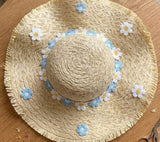 Load image into Gallery viewer, French Elegant Hats | Rustic Frayed Brim Blue White Daisy Flower Band Wide Brim Straw Sun Hat