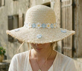 Load image into Gallery viewer, French Elegant Hats | Rustic Frayed Brim Blue White Daisy Flower Band Wide Brim Straw Sun Hat