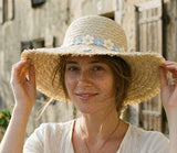 Load image into Gallery viewer, French Elegant Hats | Rustic Frayed Brim Blue White Daisy Flower Band Wide Brim Straw Sun Hat