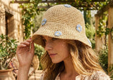 Load image into Gallery viewer, French Elegant Hats | Sweet Handmade Crochet Round Bucket Sun Hat With 3D Blue Flower Decorations