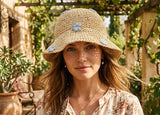 Load image into Gallery viewer, French Elegant Hats | Sweet Handmade Crochet Round Bucket Sun Hat With 3D Blue Flower Decorations