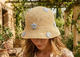 Load image into Gallery viewer, French Elegant Hats | Sweet Handmade Crochet Round Bucket Sun Hat With 3D Blue Flower Decorations