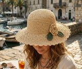 Load image into Gallery viewer, French Elegant Hats | Elegant Handmade Crochet 3D Rose Flower Leaf Scalloped Wavy Brim Bucket Sun Hat