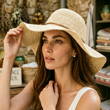 Load image into Gallery viewer, French Elegant Hats | Minimalist Leather Band Handmade Hollow Crochet Wide Brim Bucket Sun Hat