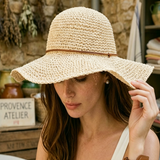 Load image into Gallery viewer, French Elegant Hats | Minimalist Leather Band Handmade Hollow Crochet Wide Brim Bucket Sun Hat