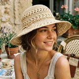 Load image into Gallery viewer, French Elegant Hats | Handmade Hollow Woven Crochet Wide Brim Bucket Sun Hat