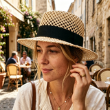 Load image into Gallery viewer, French Elegant Hats | Breathable Hollow Mesh Crochet Black Satin Band Flat Top Wide Brim Sun Hat