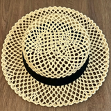 Load image into Gallery viewer, French Elegant Hats | Breathable Hollow Mesh Crochet Black Satin Band Flat Top Wide Brim Sun Hat