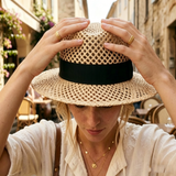 Load image into Gallery viewer, French Elegant Hats | Breathable Hollow Mesh Crochet Black Satin Band Flat Top Wide Brim Sun Hat